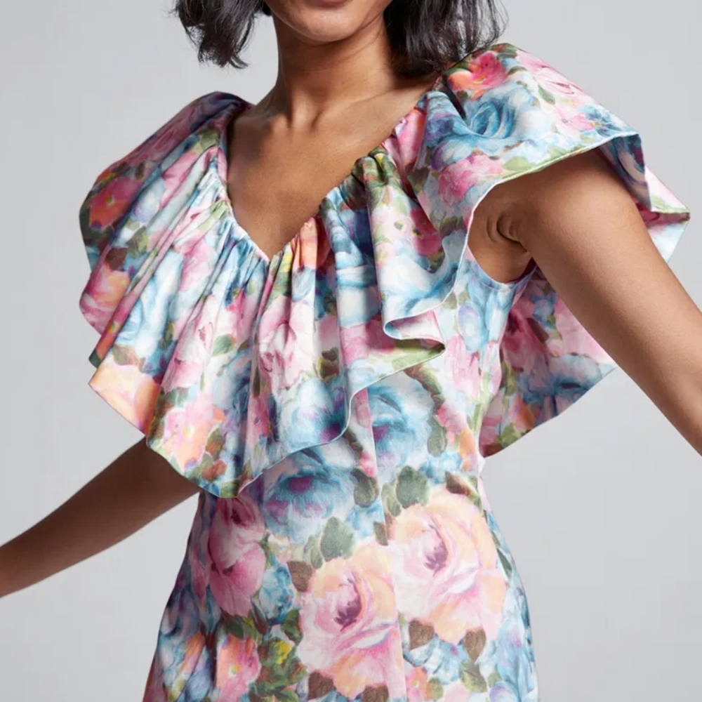 & Other Stories Floral Ruffle Mini Dress Pink & Blue Off-Shoulder Party - Picture 6 of 12